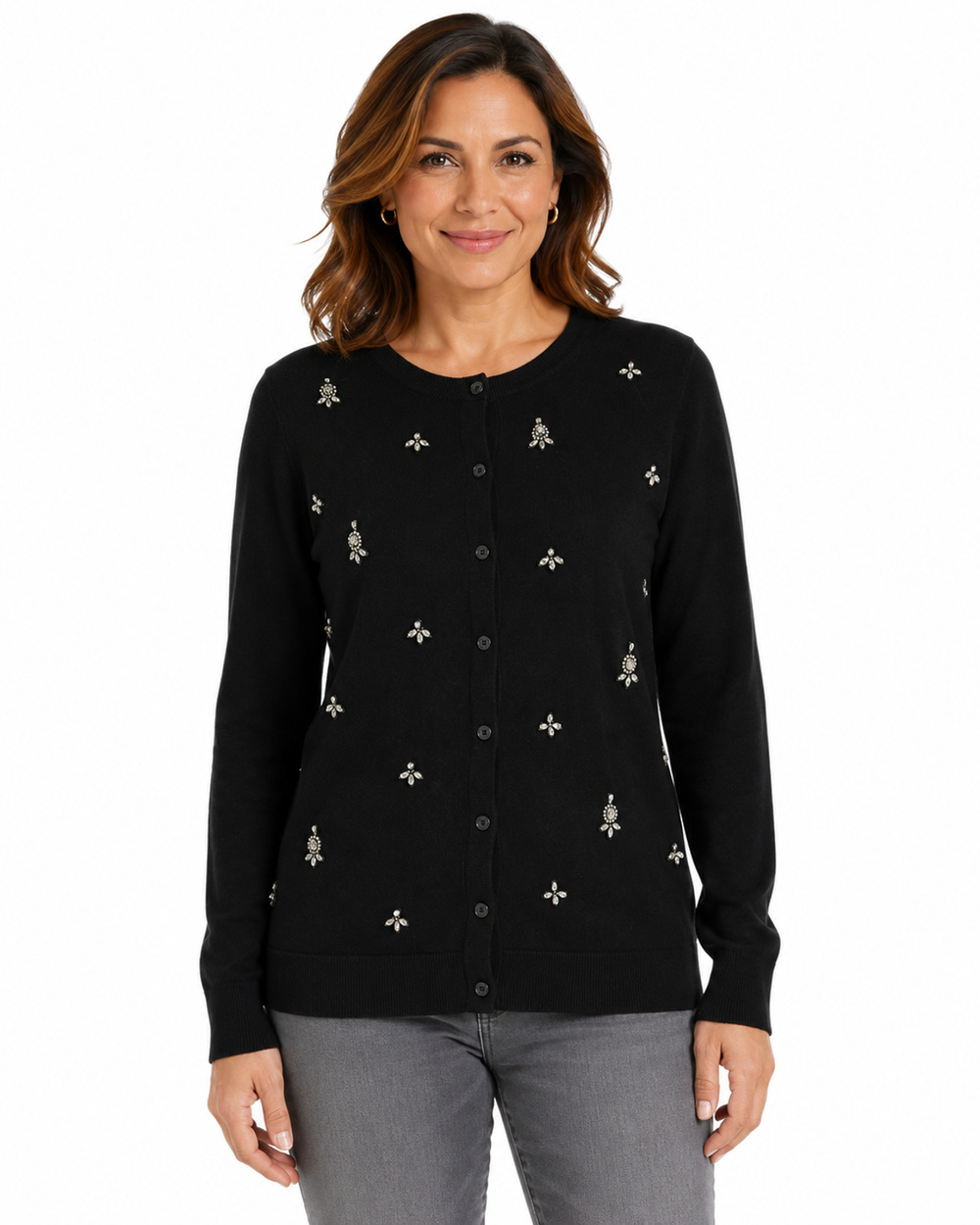 Ann Taylor Loft Thin Black Cardigan Rhinestones Beaded 100% Cotton Sweater